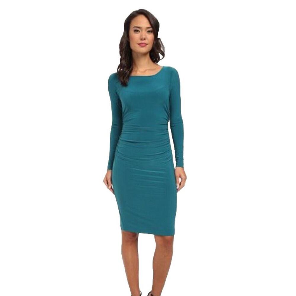 NORMA KAMALI Kulture Turquoise Long Sleeve Sheath Jersey Dress Ruched Large Z1